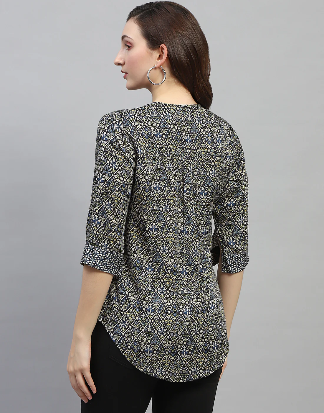 Women Green Printed Collar Neck 3/4 Sleeve Top - Image 5