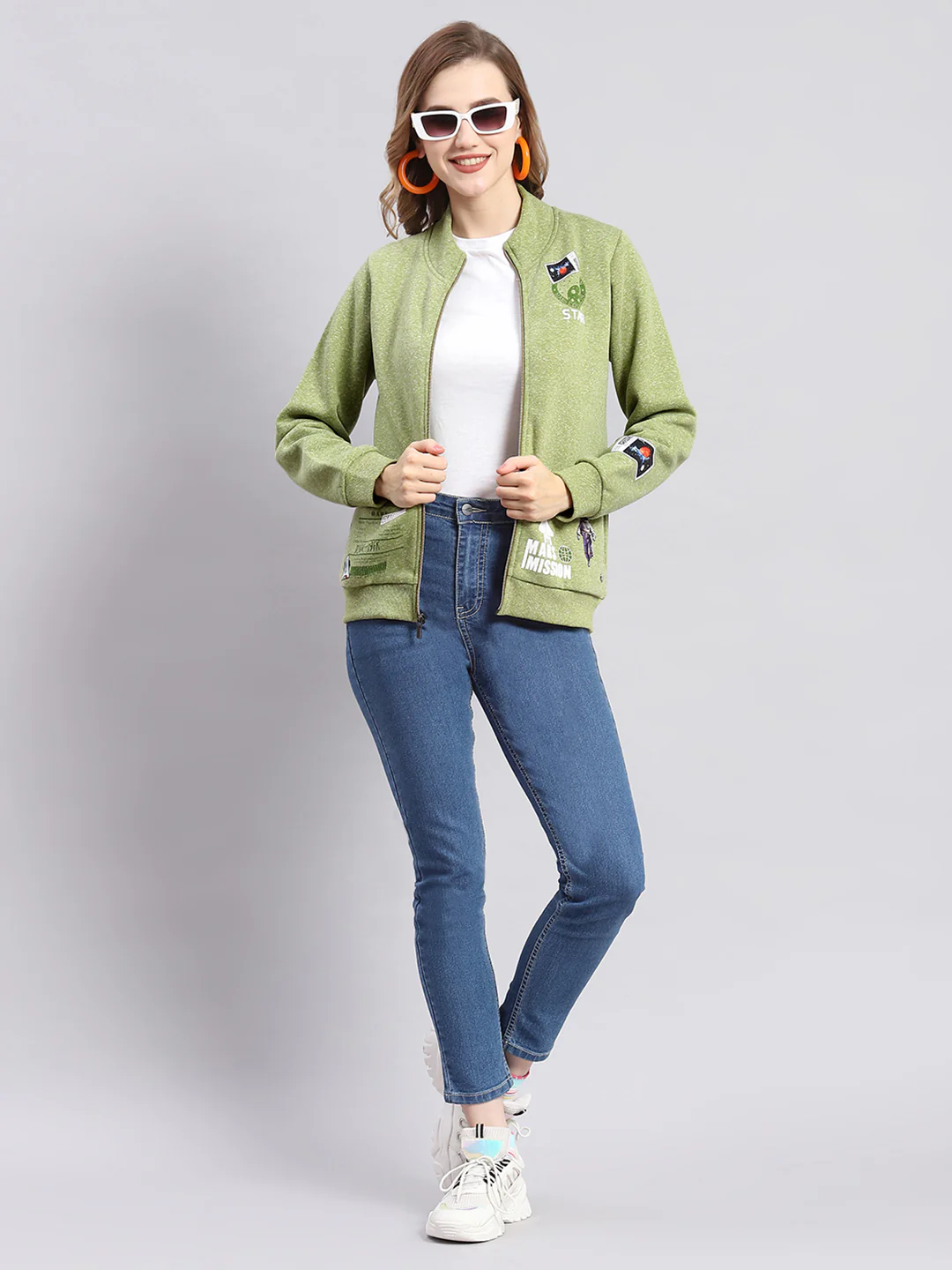 Women Green Printed F Neck Full Sleeve Sweatshirts - Image 3
