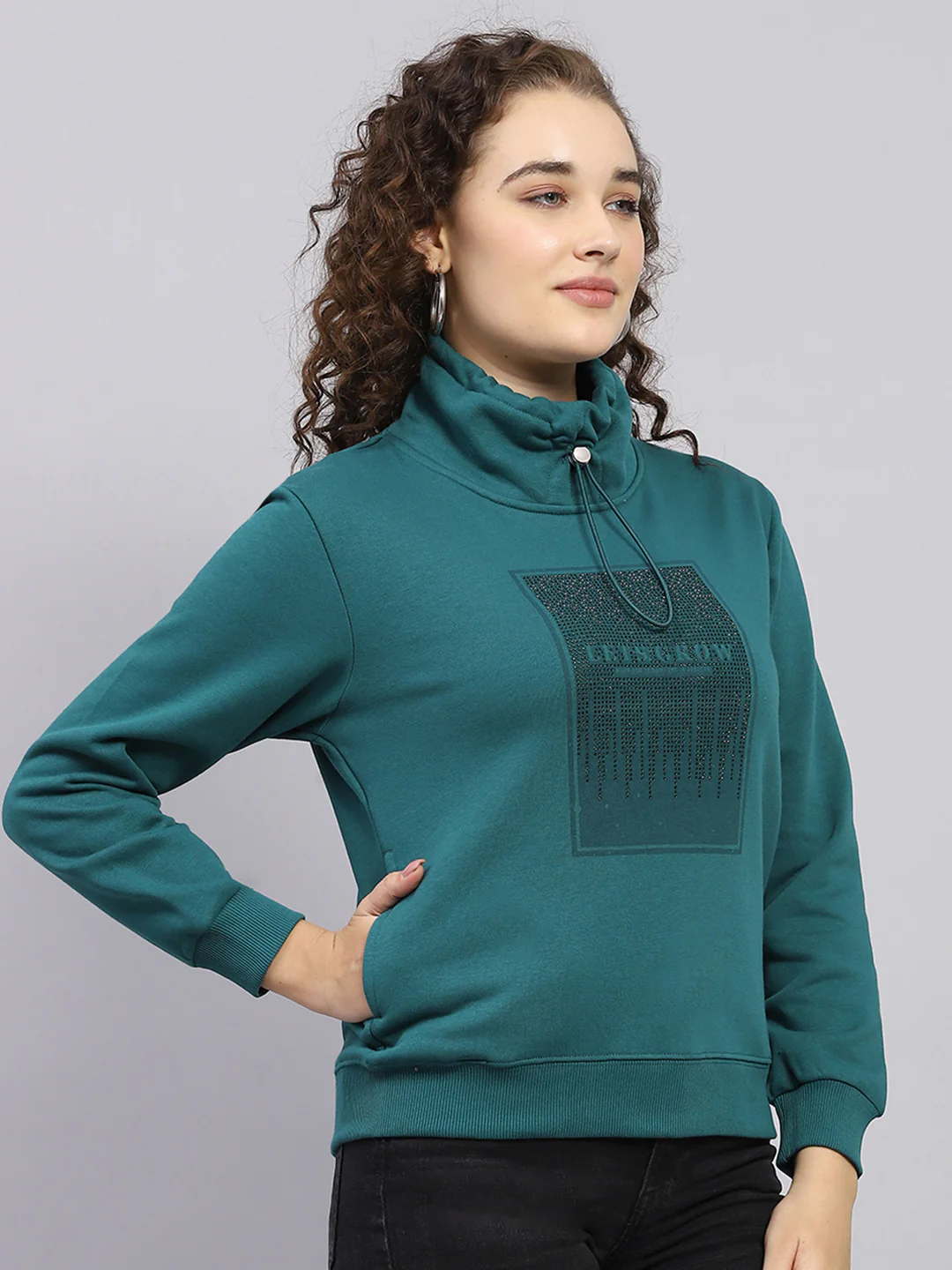 Women Green Printed High Neck Full Sleeve Sweatshirt - Image 4