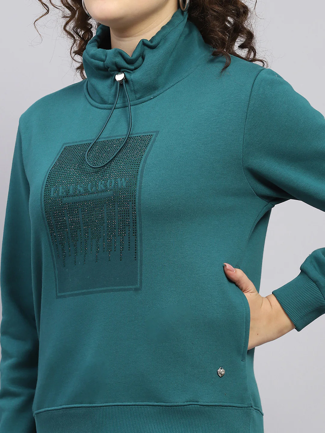 Women Green Printed High Neck Full Sleeve Sweatshirt - Image 7