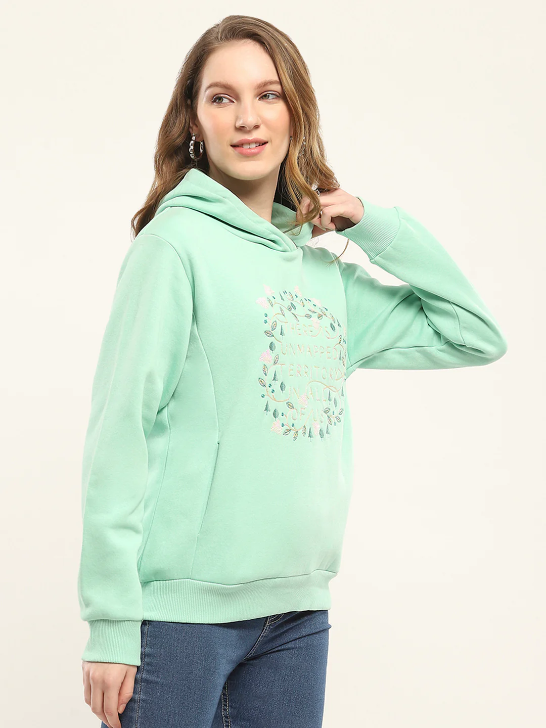 Women Green Printed Hooded Full Sleeve Sweatshirt - Image 4