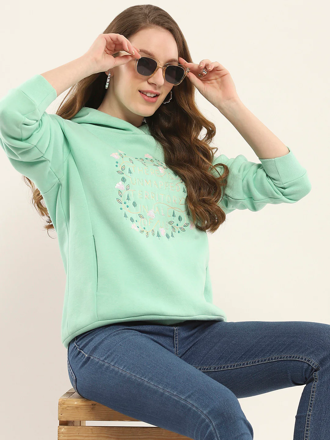 Women Green Printed Hooded Full Sleeve Sweatshirt - Image 6