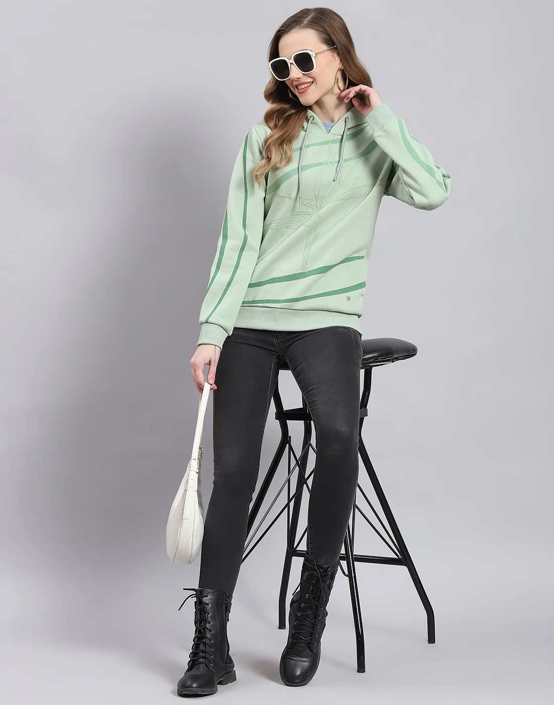 Women Green Printed Hooded Full Sleeve Sweatshirt - Image 2