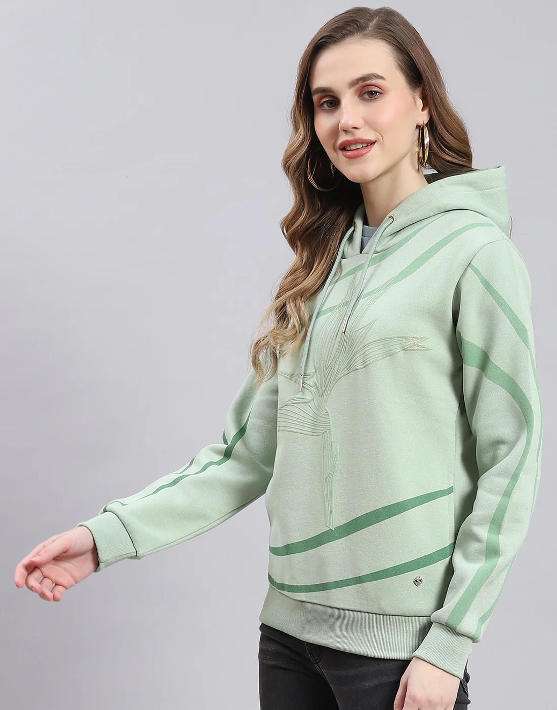 Women Green Printed Hooded Full Sleeve Sweatshirt - Image 3