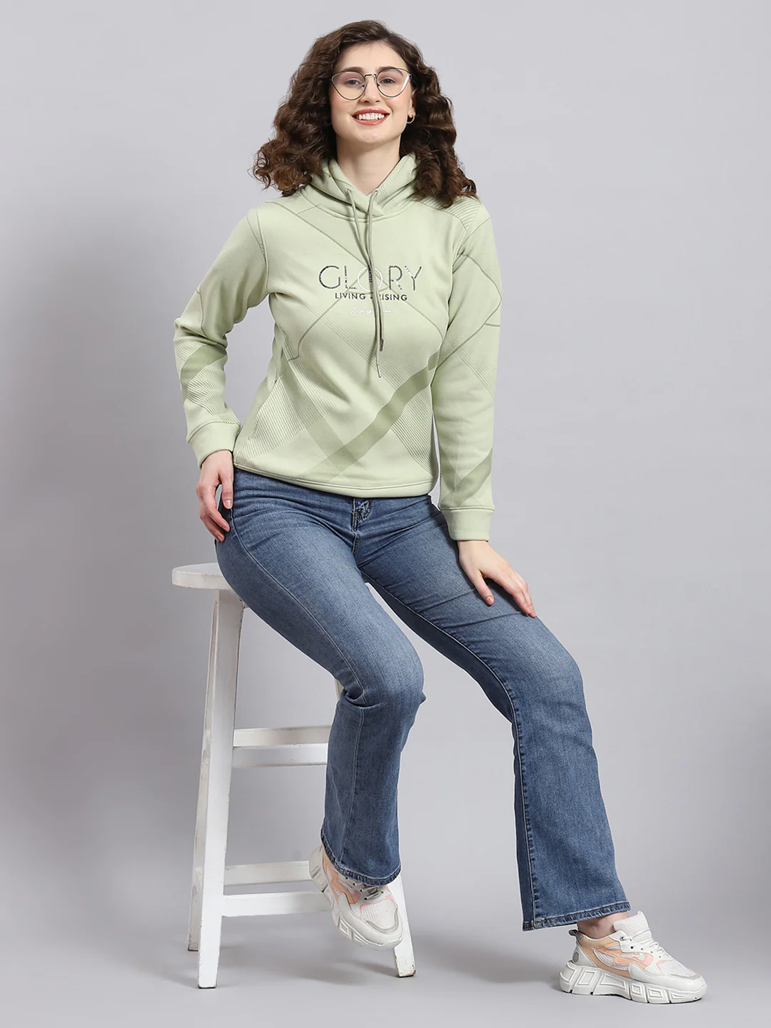Women Green Printed Hooded Full Sleeve Sweatshirt - Image 2