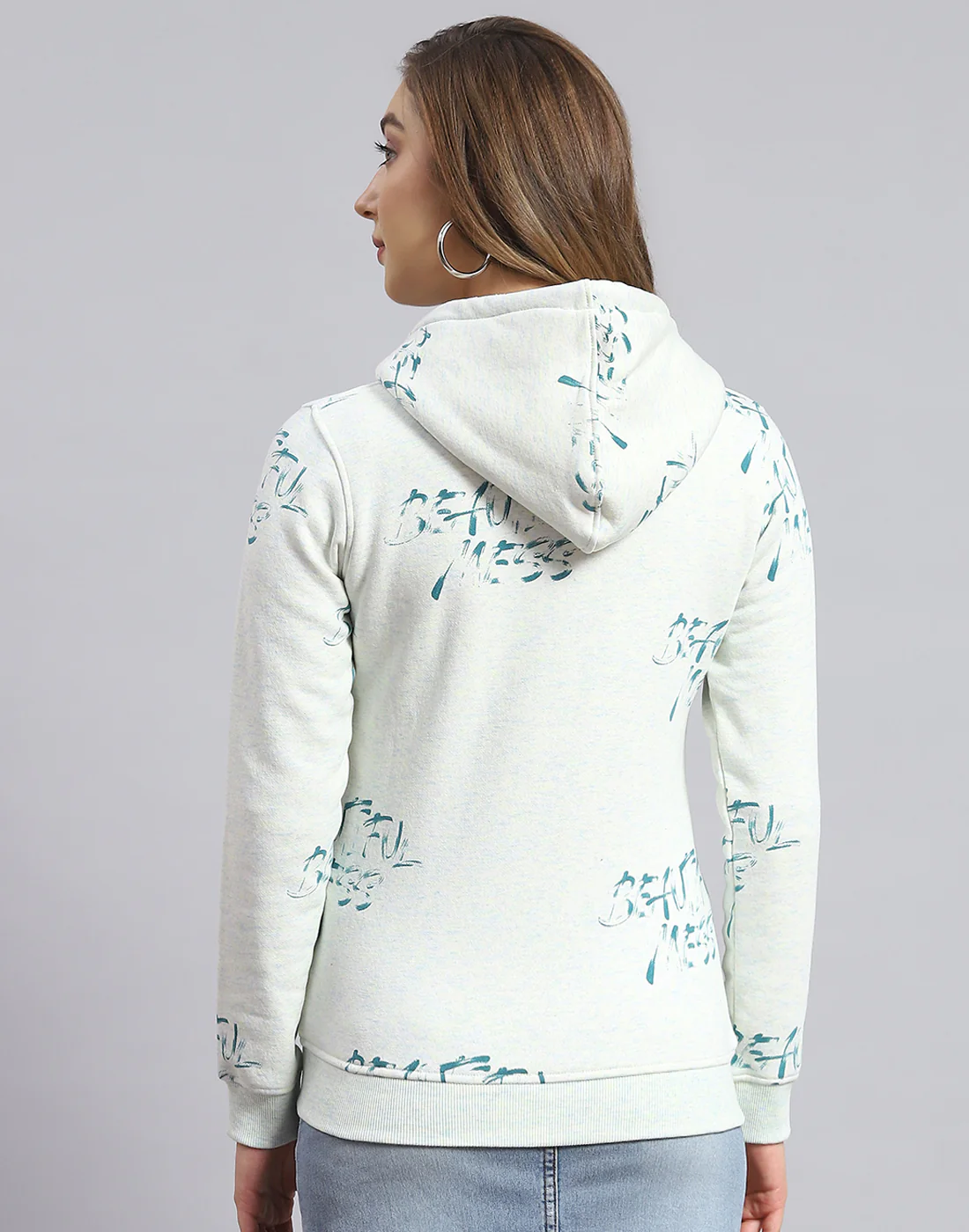 Women Green Printed Hooded Full Sleeve Sweatshirt - Image 5