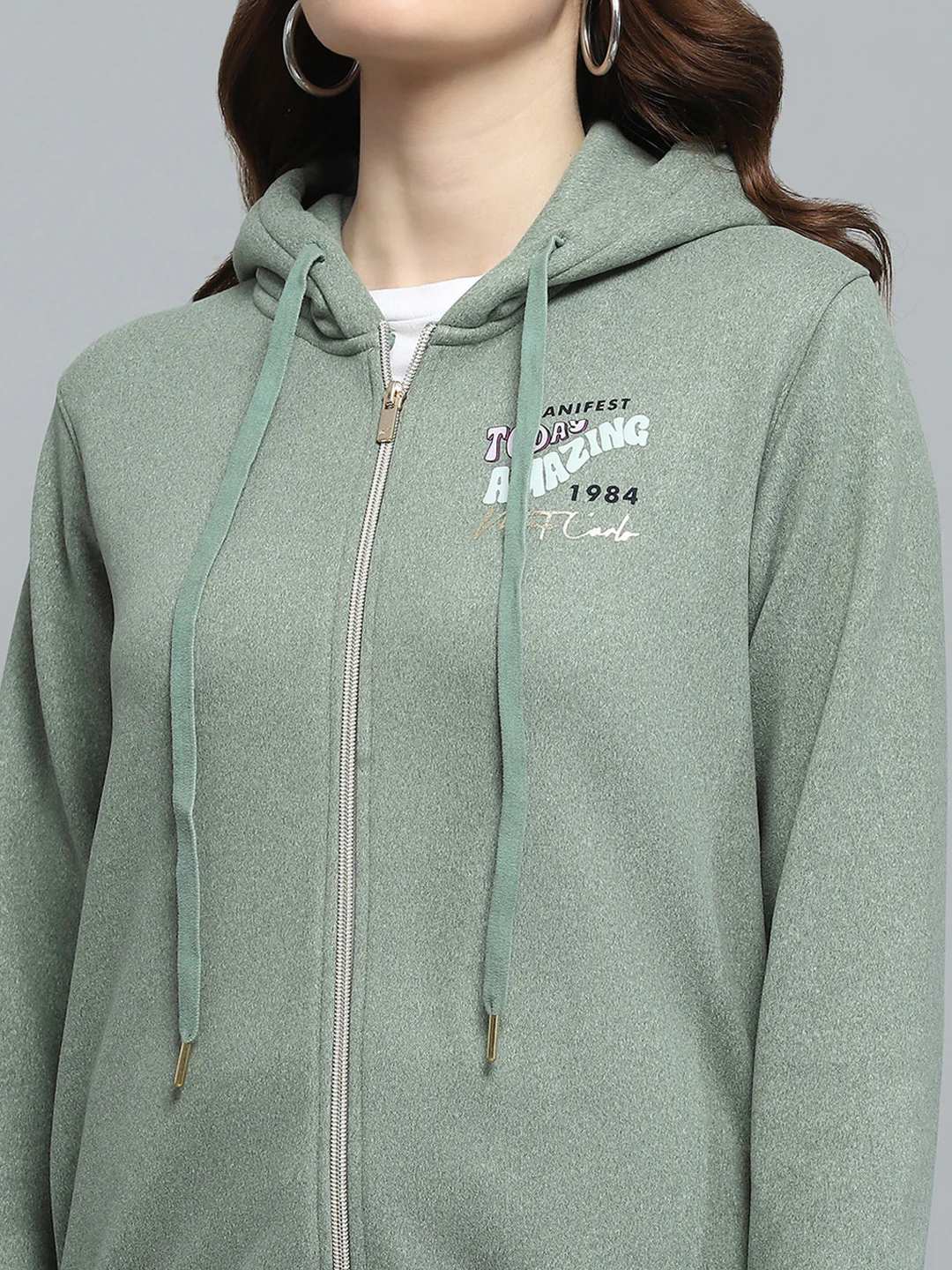Women Green Printed Hooded Full Sleeve Sweatshirt - Image 6