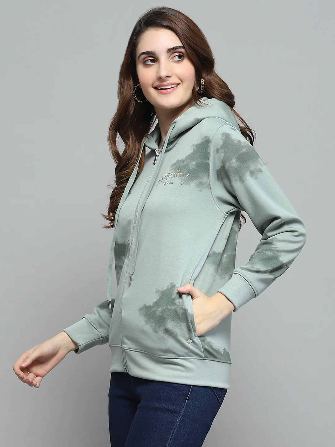 Women Green Printed Hooded Full Sleeve Sweatshirt - Image 3