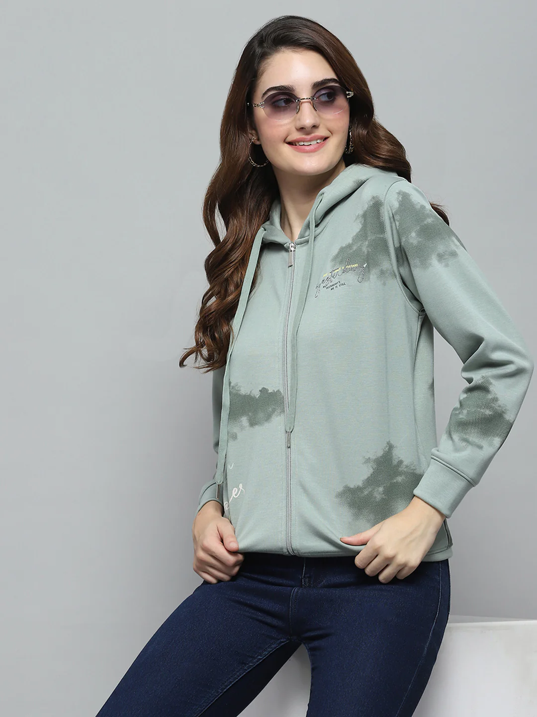 Women Green Printed Hooded Full Sleeve Sweatshirt - Image 6
