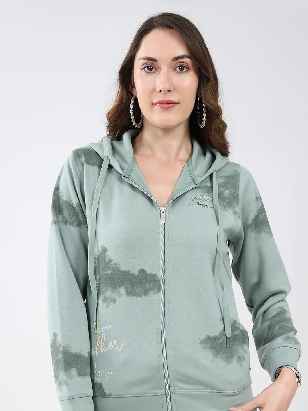 Women Green Printed Hooded Full Sleeve Sweatshirt - Image 8