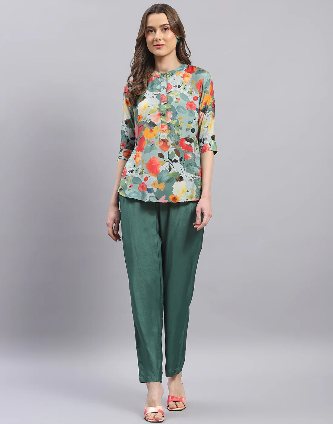 Women Green Printed Mandarin Collar Half Sleeve Cords Set - Image 2