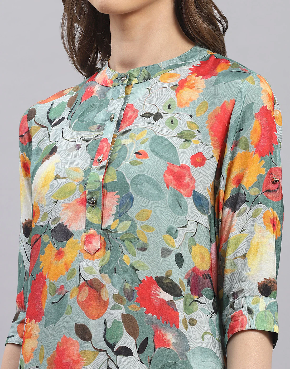 Women Green Printed Mandarin Collar Half Sleeve Cords Set - Image 7