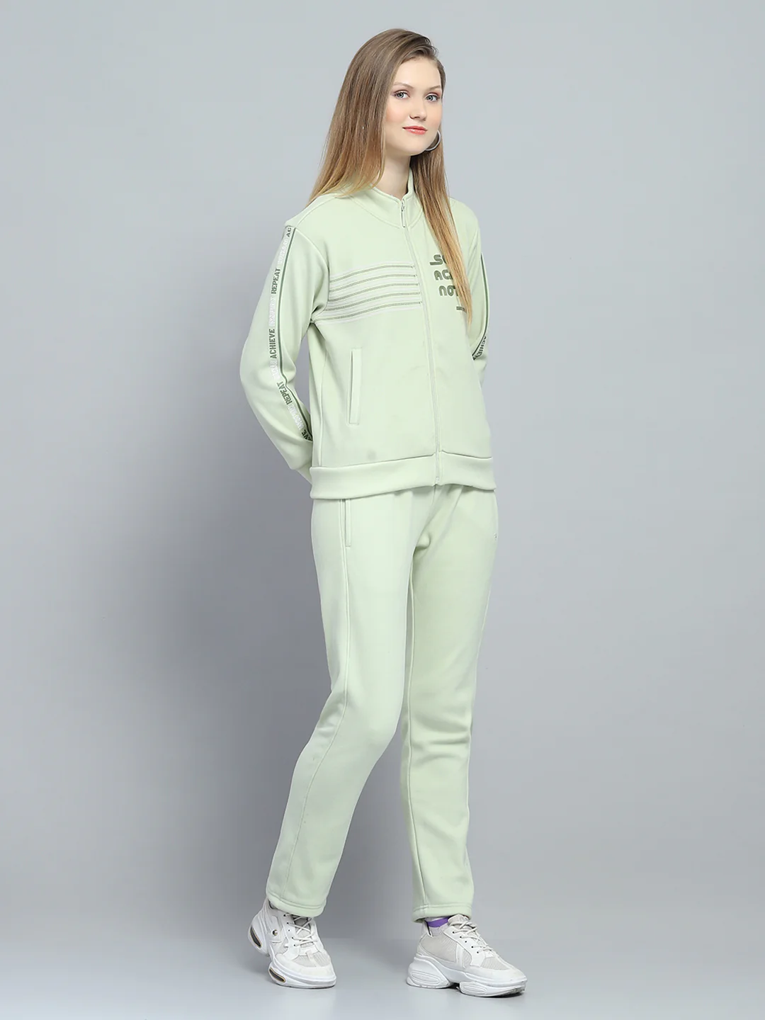 Women Green Printed Mock Neck Full Sleeve Tracksuit - Image 4