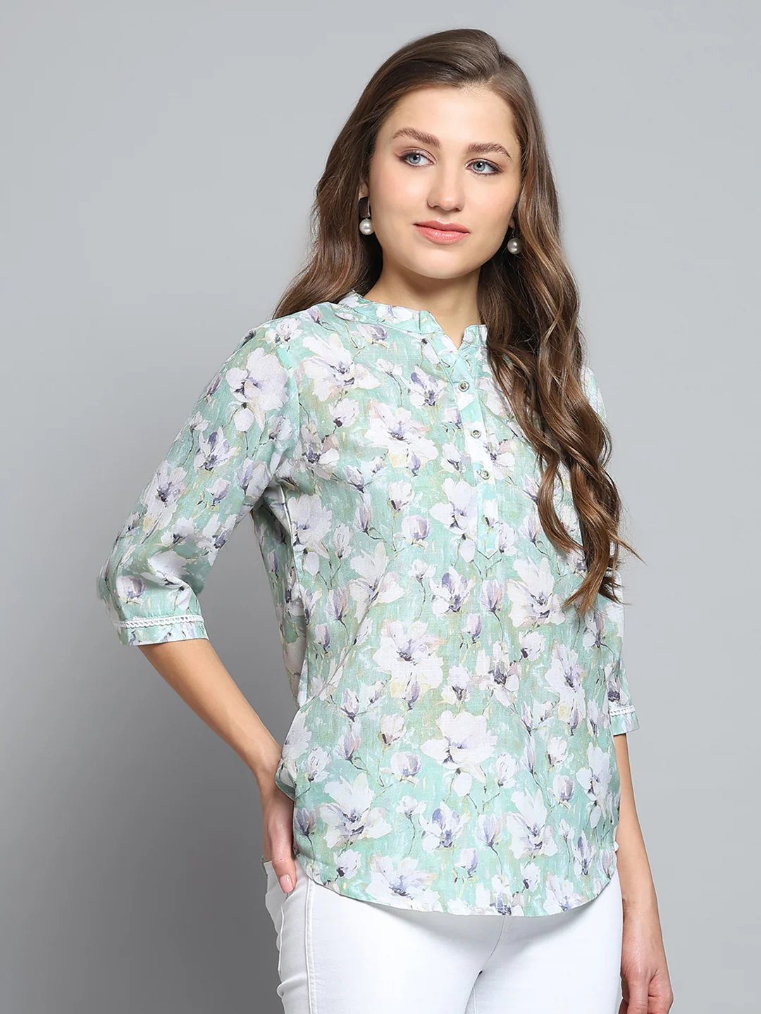 Women Green Printed Round Neck 3/4th Sleeve Top - Image 4