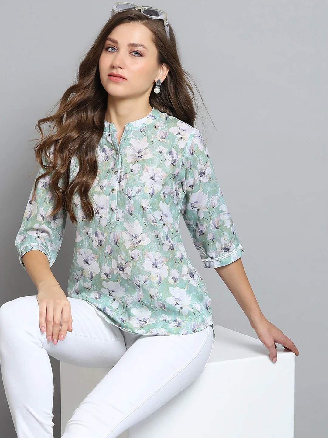 Women Green Printed Round Neck 3/4th Sleeve Top - Image 6