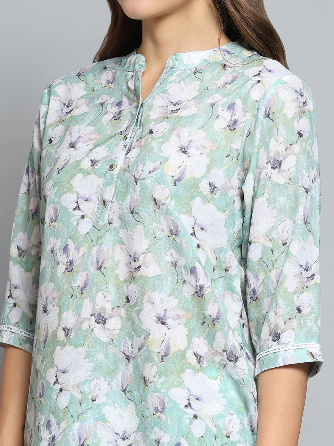 Women Green Printed Round Neck 3/4th Sleeve Top - Image 7
