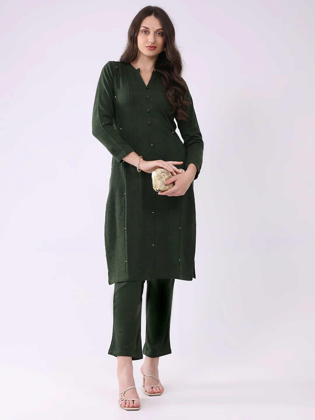 Women Green Printed Round Neck Full Sleeve Kurti Set for Winter - Image 2