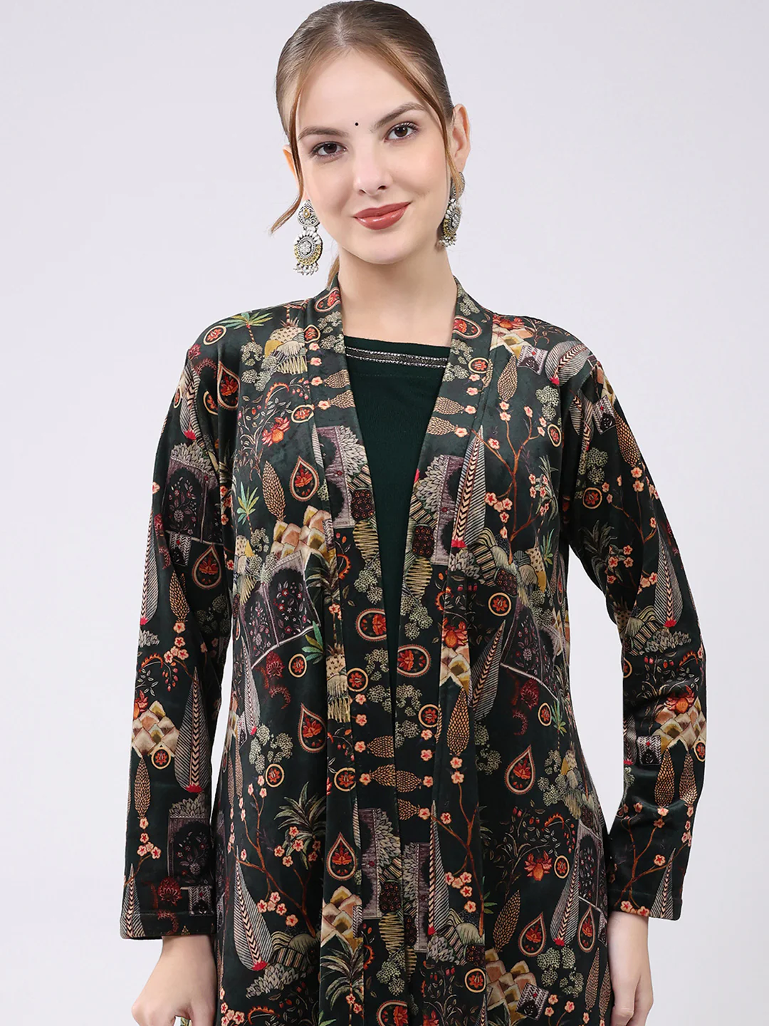 Women Green Printed Round Neck Sleeveless Kurti with Shrug (2 Pc set) - Image 7