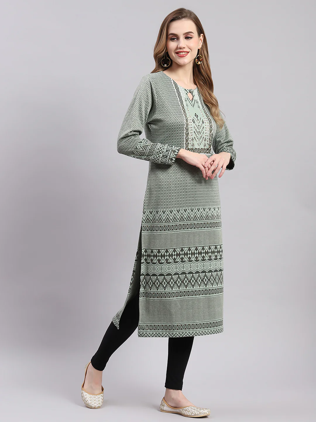 Women Green Printed Round Neck Full Sleeve Kurtis - Image 5