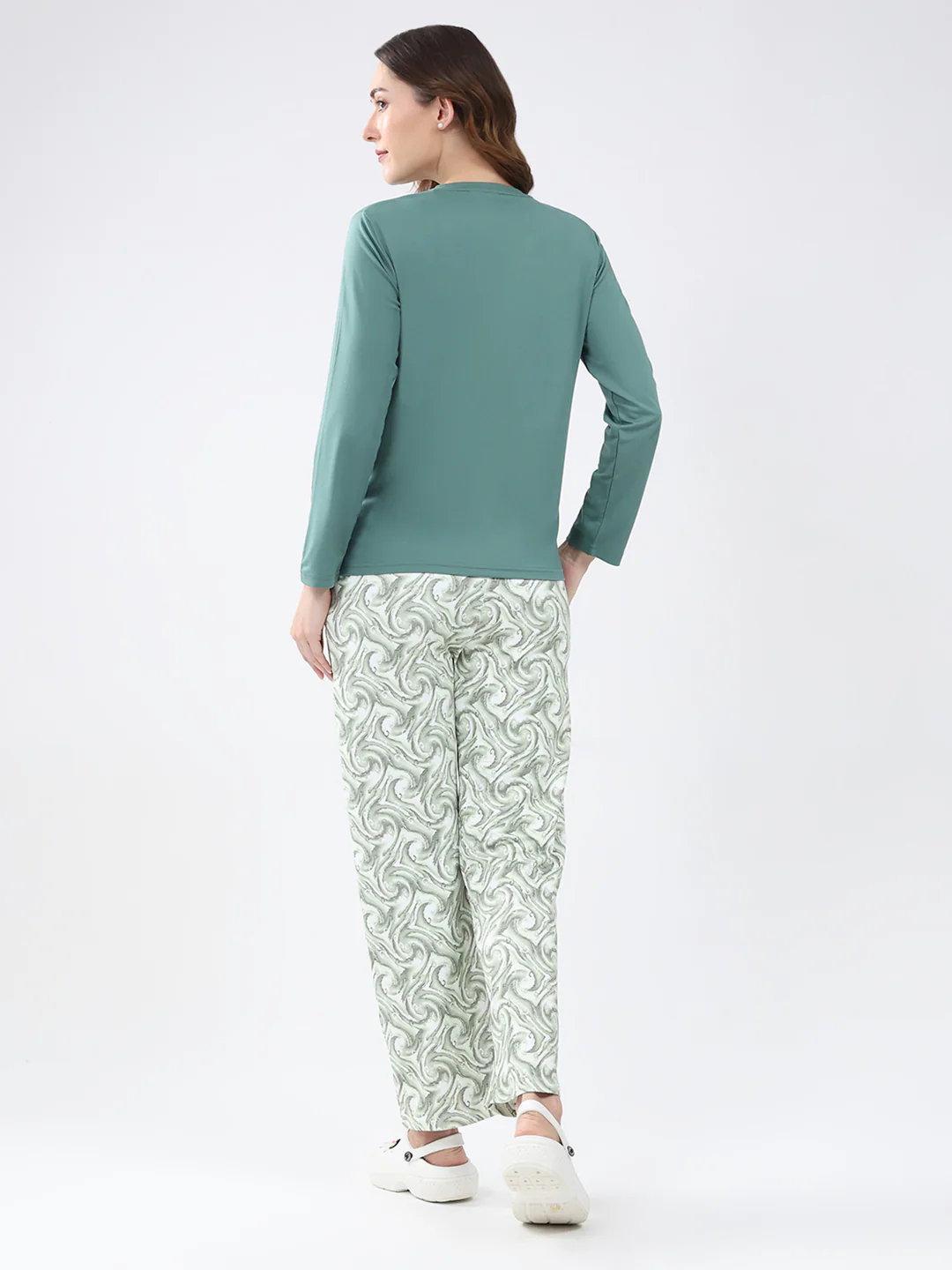 Women Green Printed Round Neck Full Sleeve Lower Set - Image 5