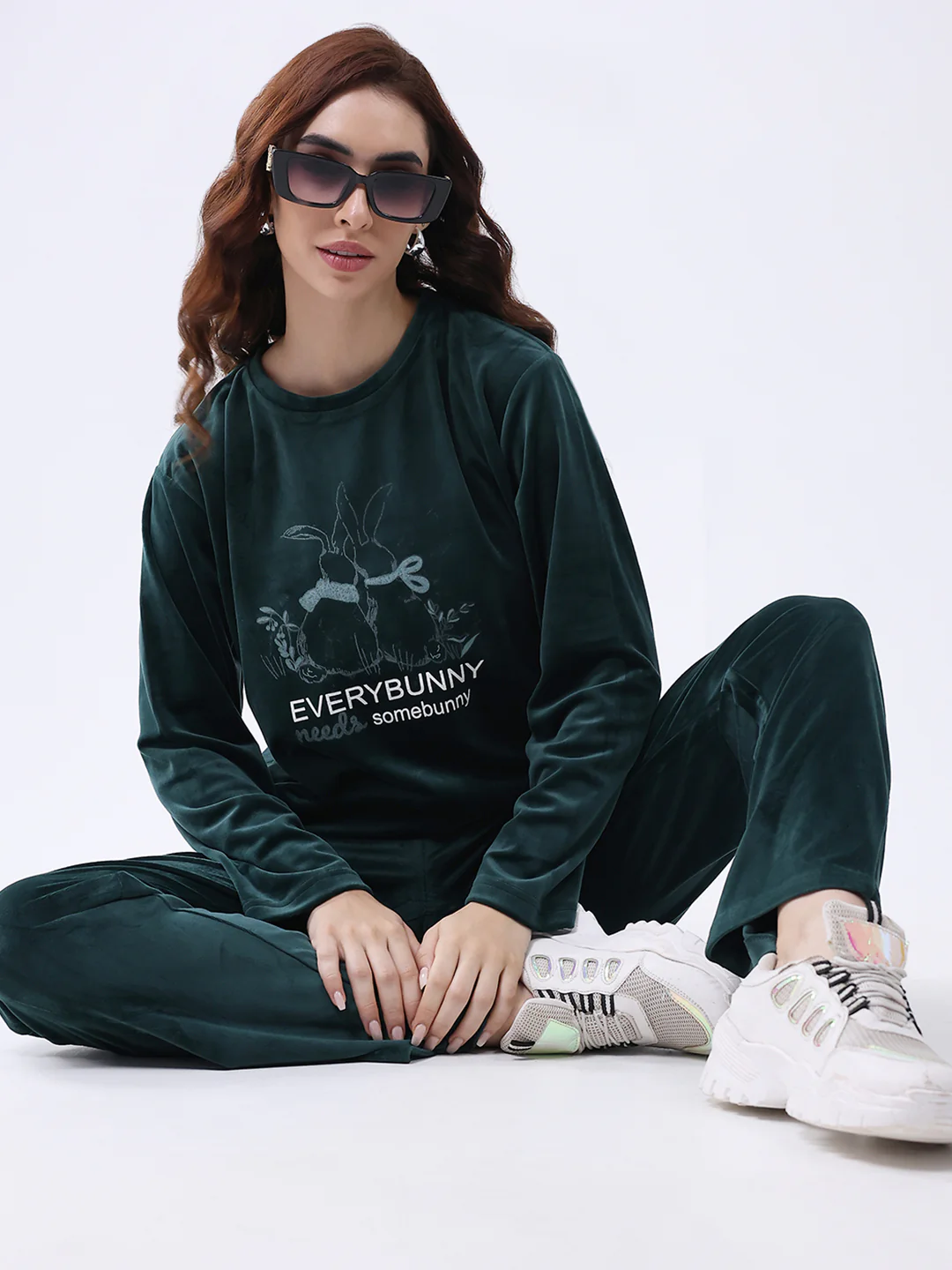 Women Green Printed Round Neck Full Sleeve Lower Set - Image 2
