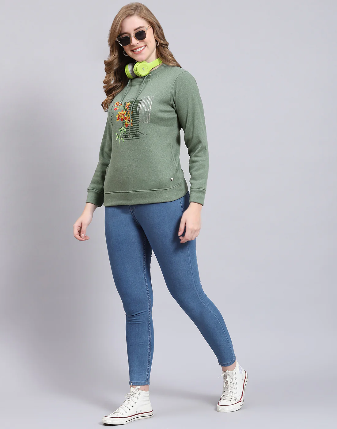 Women Green Printed Round Neck Full Sleeve Sweatshirt - Image 2