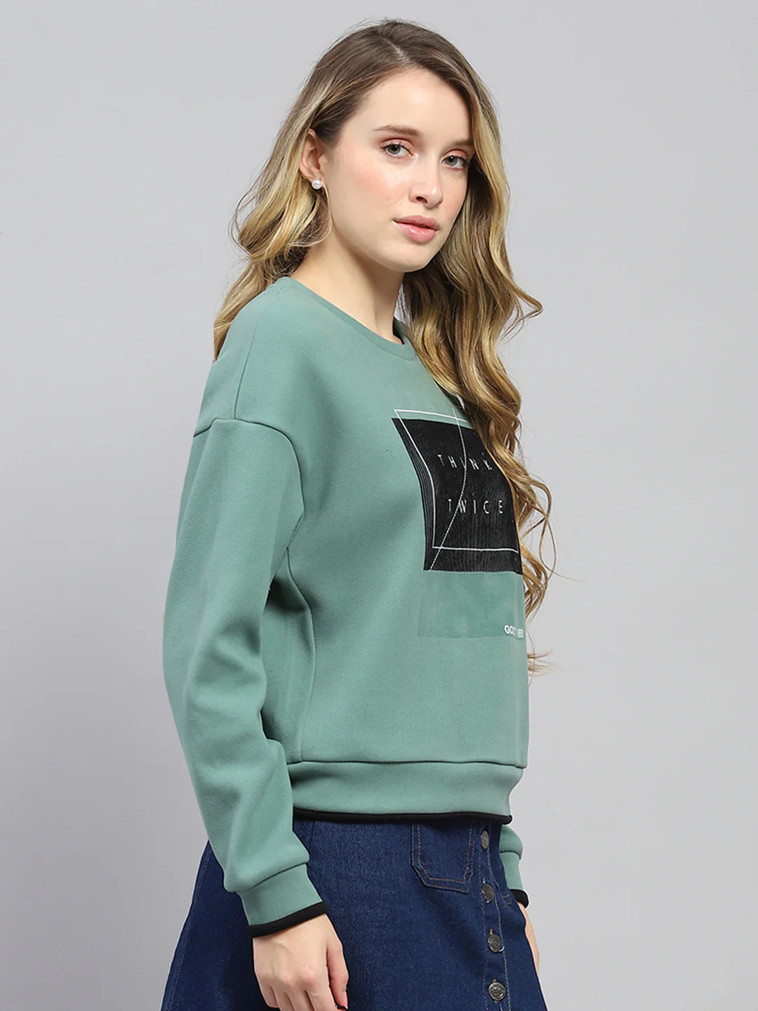 Women Green Printed Round Neck Full Sleeve Sweatshirt - Image 4