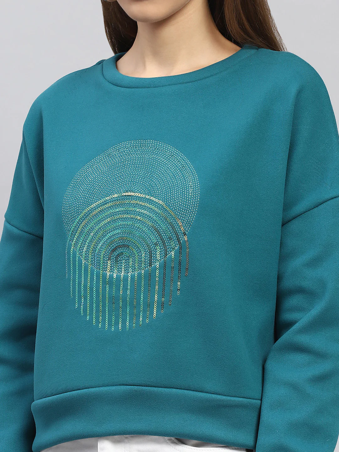 Women Green Printed Round Neck Full Sleeve Sweatshirt - Image 6