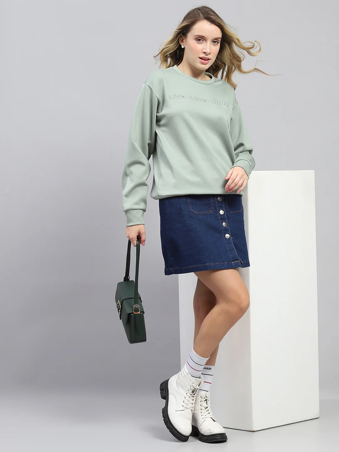 Women Green Printed Round Neck Full Sleeve Sweatshirt - Image 2