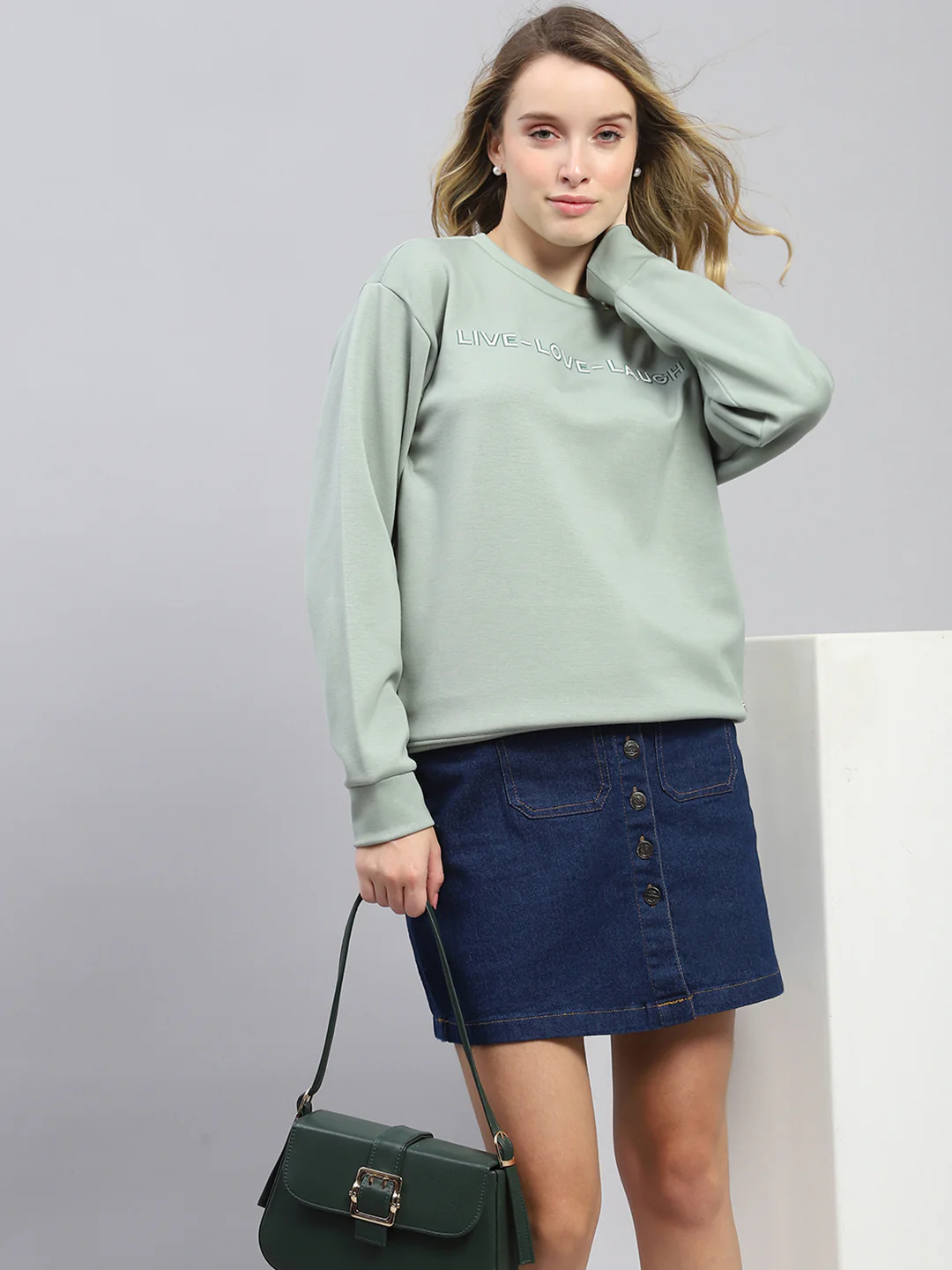 Women Green Printed Round Neck Full Sleeve Sweatshirt - Image 6
