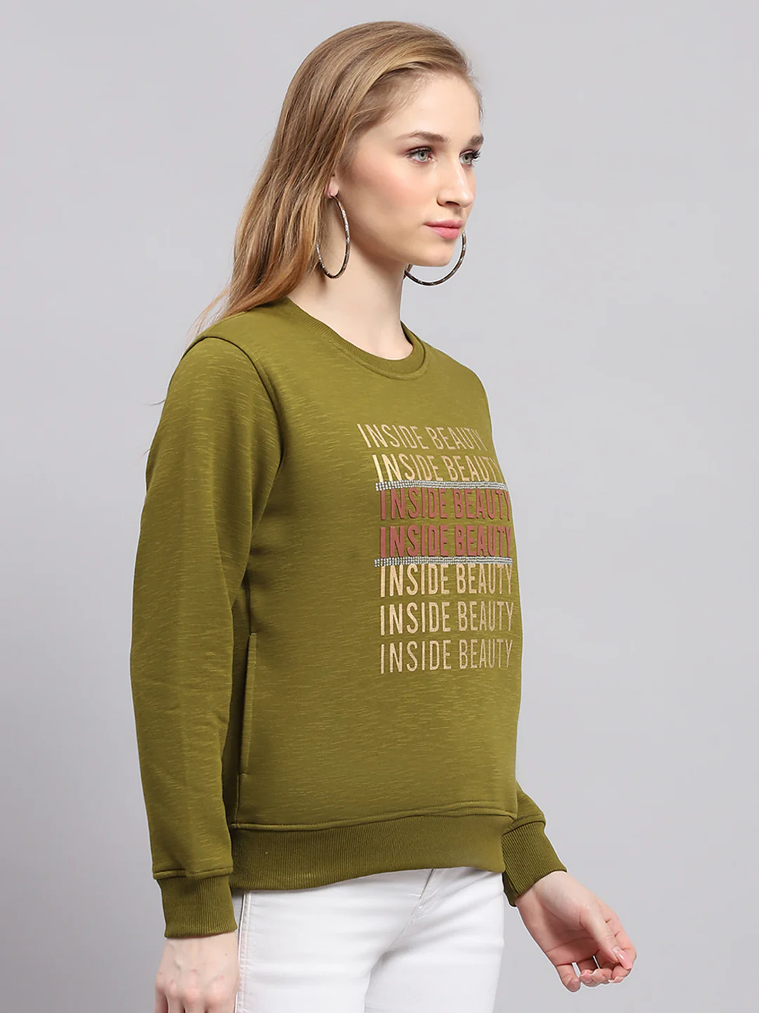 Women Green Printed Round Neck Full Sleeve Sweatshirt - Image 4