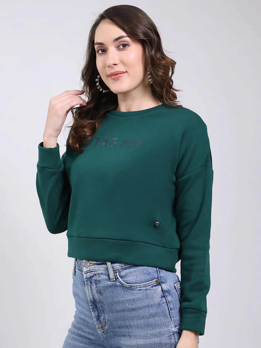Women Green Printed Round Neck Full Sleeve Sweatshirt - Image 3