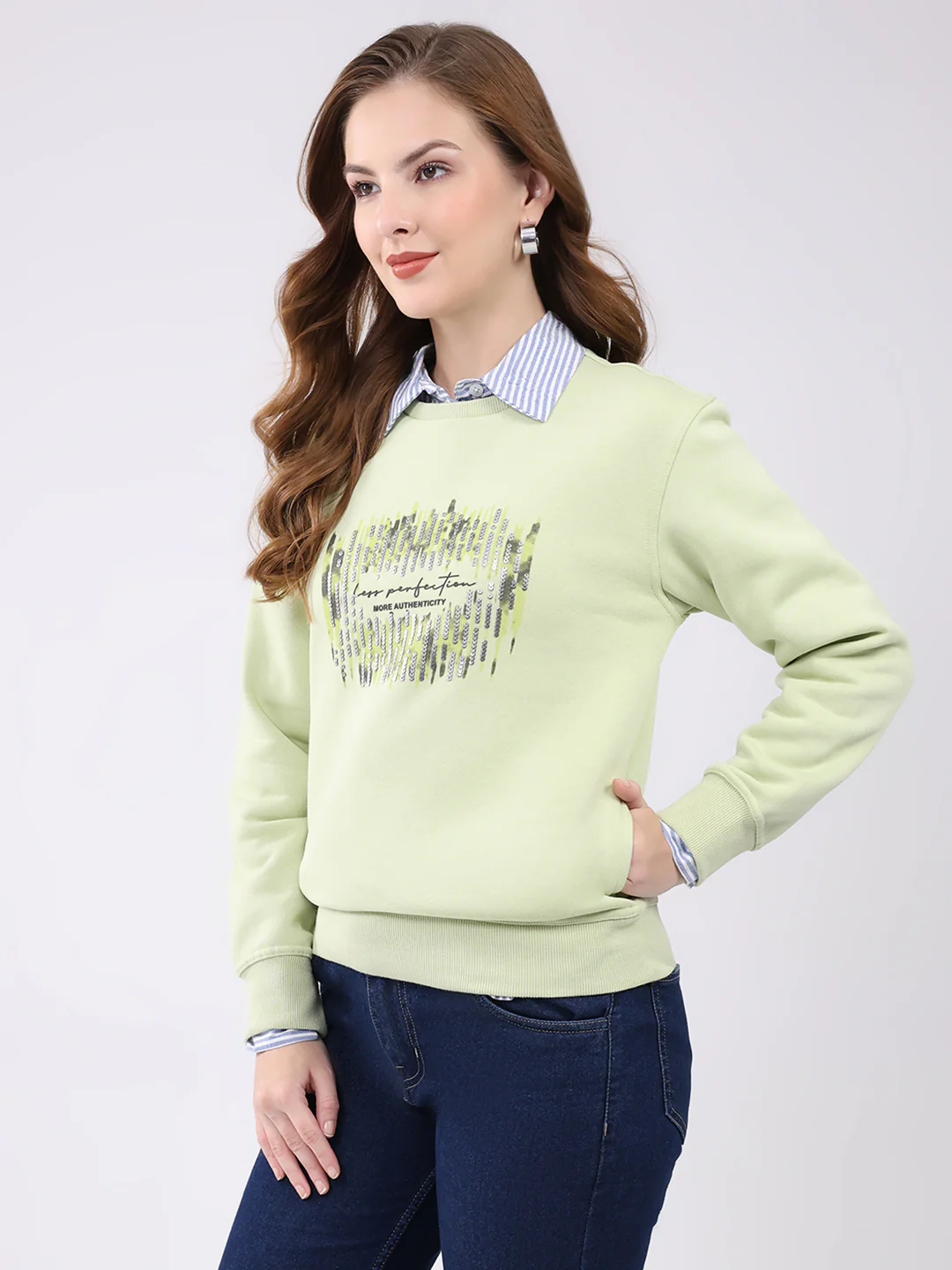 Women Green Printed Round Neck Full Sleeve Sweatshirt - Image 3
