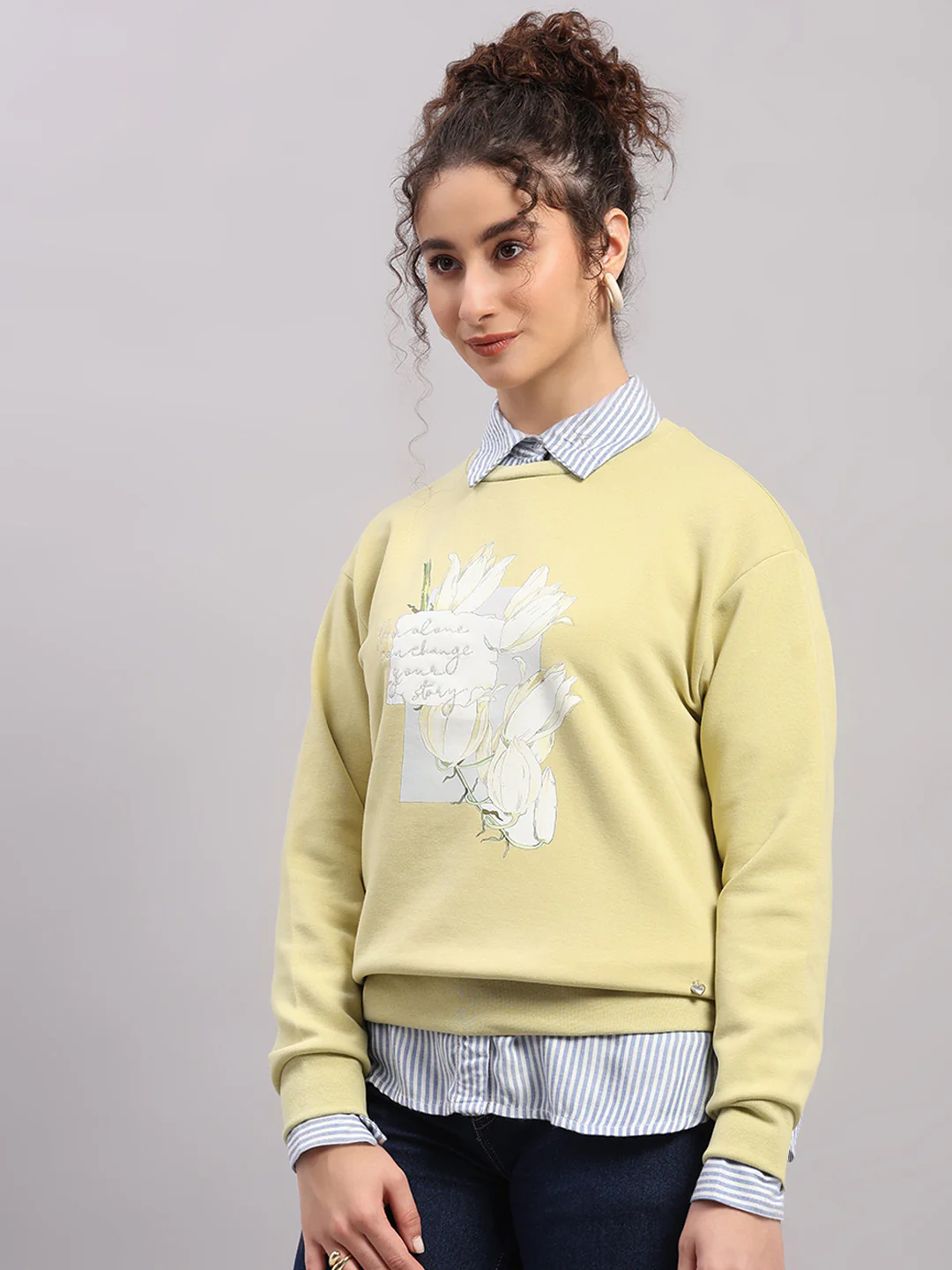 Women Green Printed Round Neck Full Sleeve Sweatshirt - Image 3