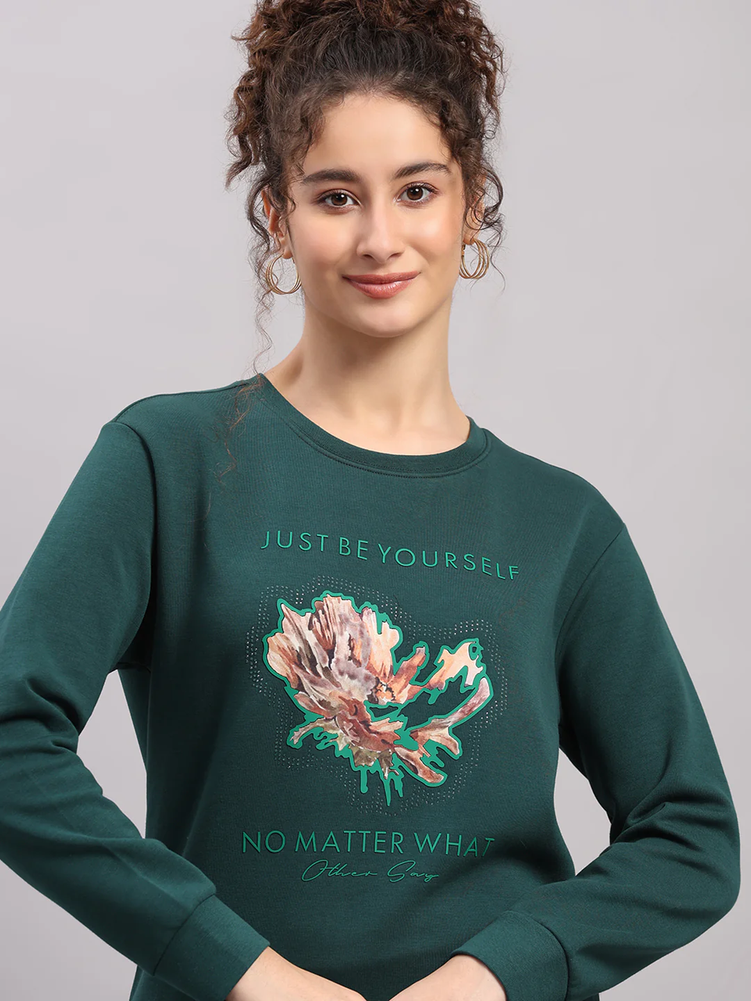 Women Green Printed Round Neck Full Sleeve Sweatshirt - Image 6