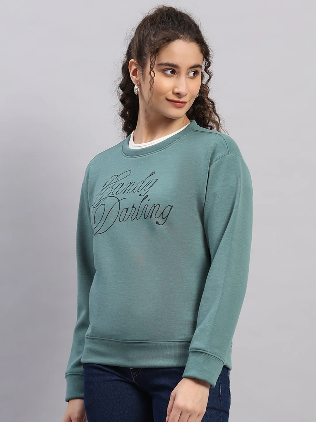 Women Green Printed Round Neck Full Sleeve Sweatshirt - Image 3