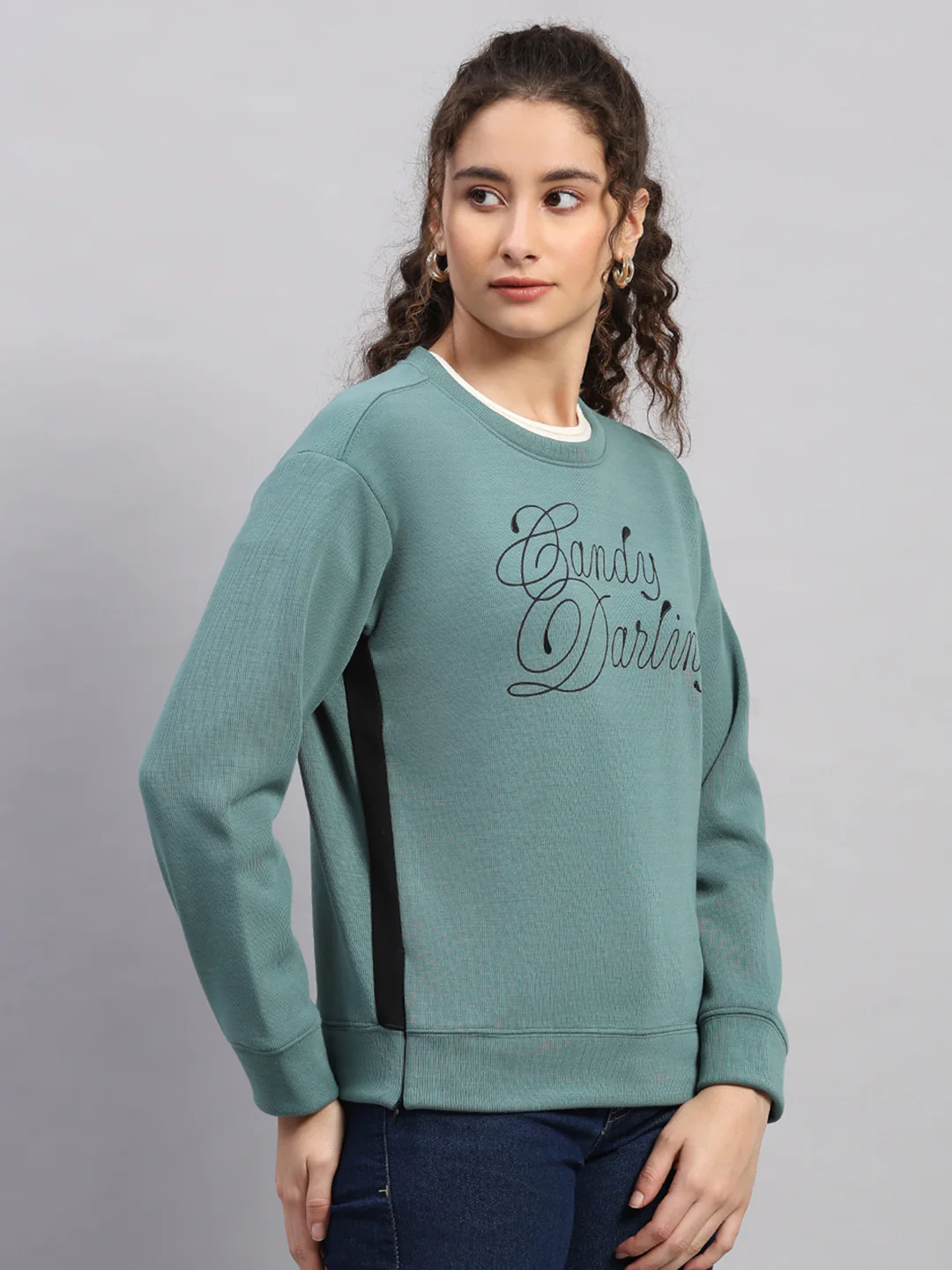 Women Green Printed Round Neck Full Sleeve Sweatshirt - Image 4