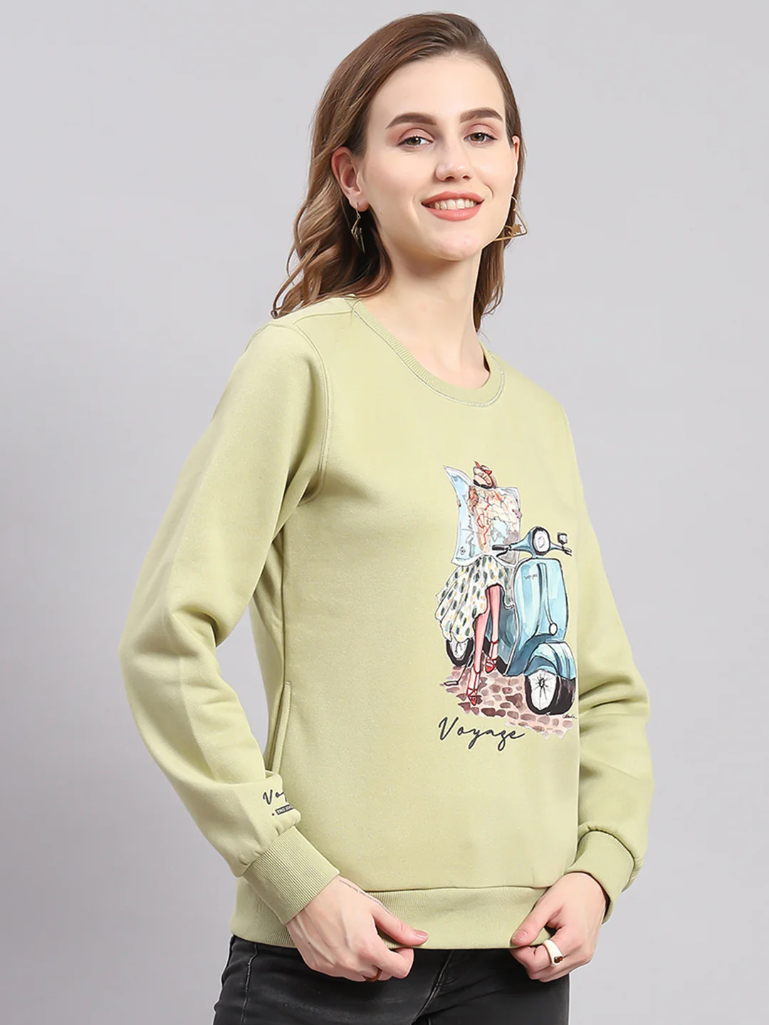 Women Green Printed Round Neck Full Sleeve Sweatshirts - Image 4