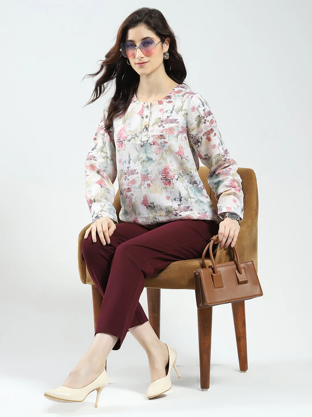 Women Green Printed Round Neck Full Sleeve Top - Image 2