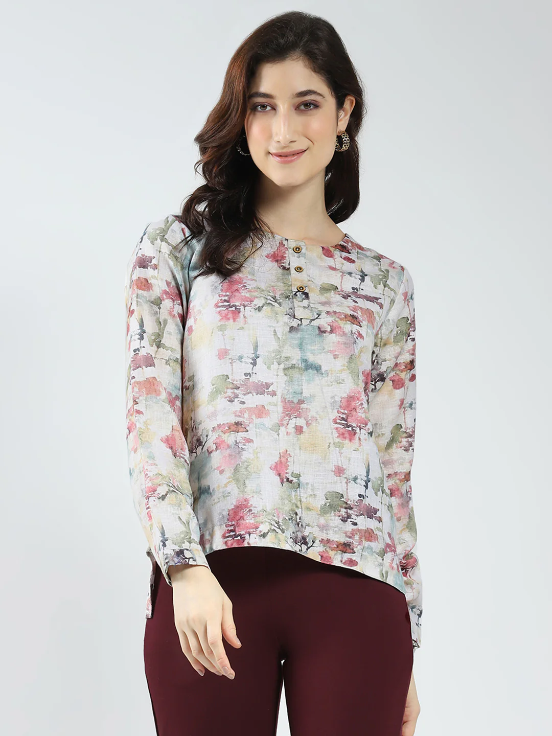 Women Green Printed Round Neck Full Sleeve Top - Image 3