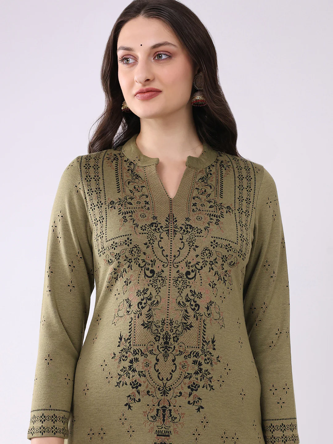 Women Green Printed Round Neck Full Sleeve Winter Kurti - Image 6