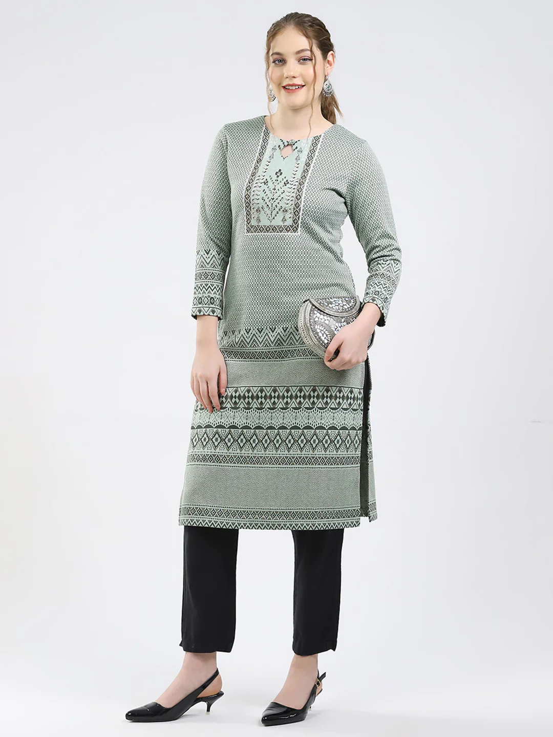 Women Green Printed Round Neck Full Sleeve Winter Kurti - Image 2