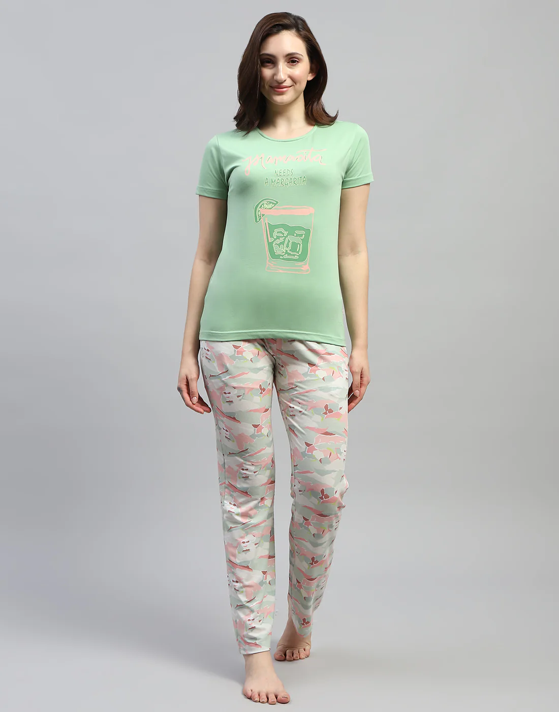 Women Green Printed Round Neck Half Sleeve Lower Set - Image 2