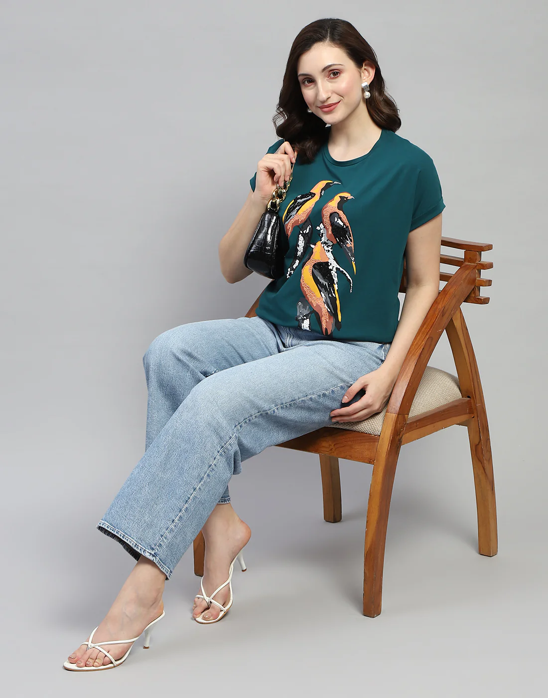 Women Green Printed Round Neck Half Sleeve Top - Image 2