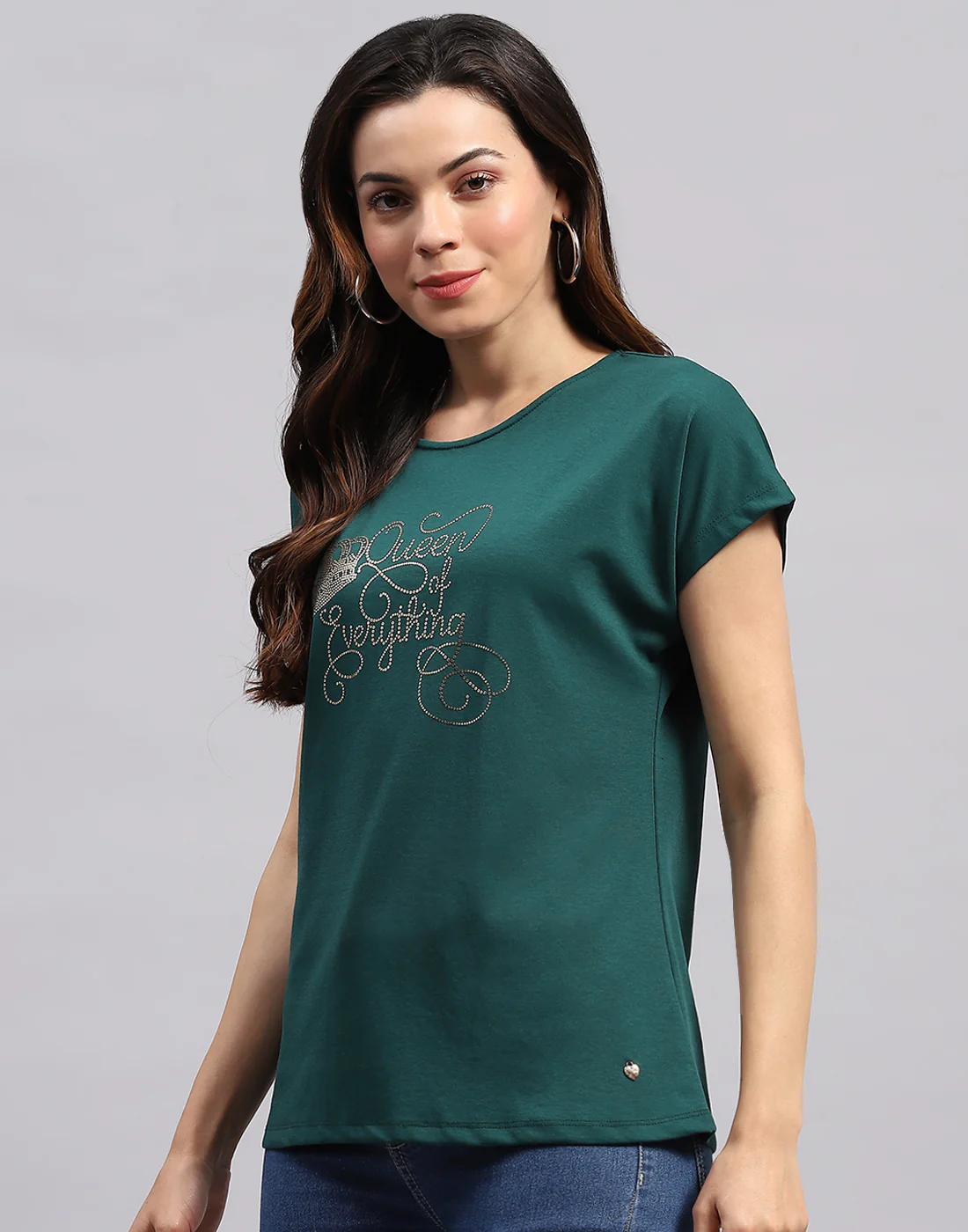 Women Green Printed Round Neck Half Sleeve Top - Image 3