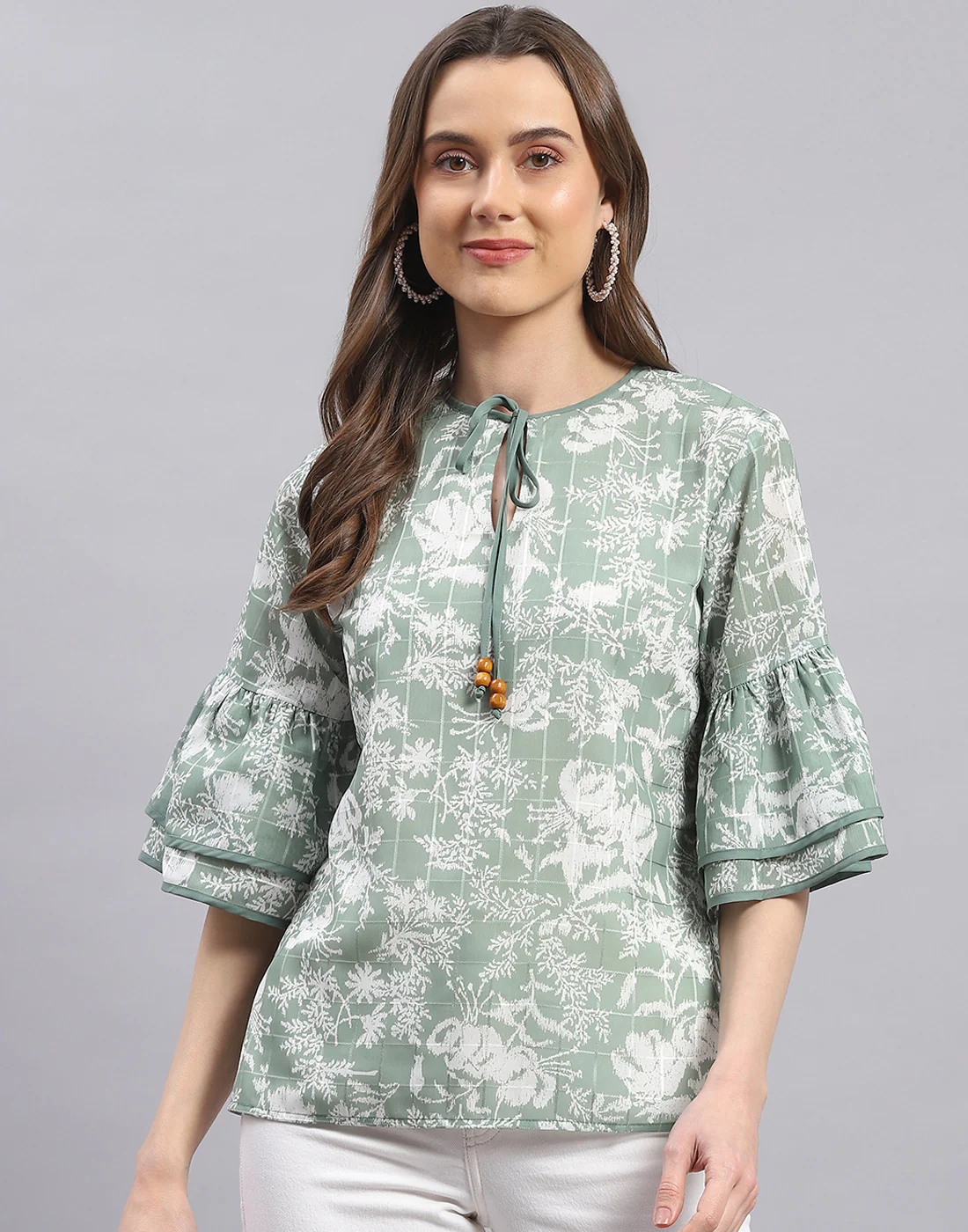 Women Green Printed Round Neck Half Sleeve Top - Image 2
