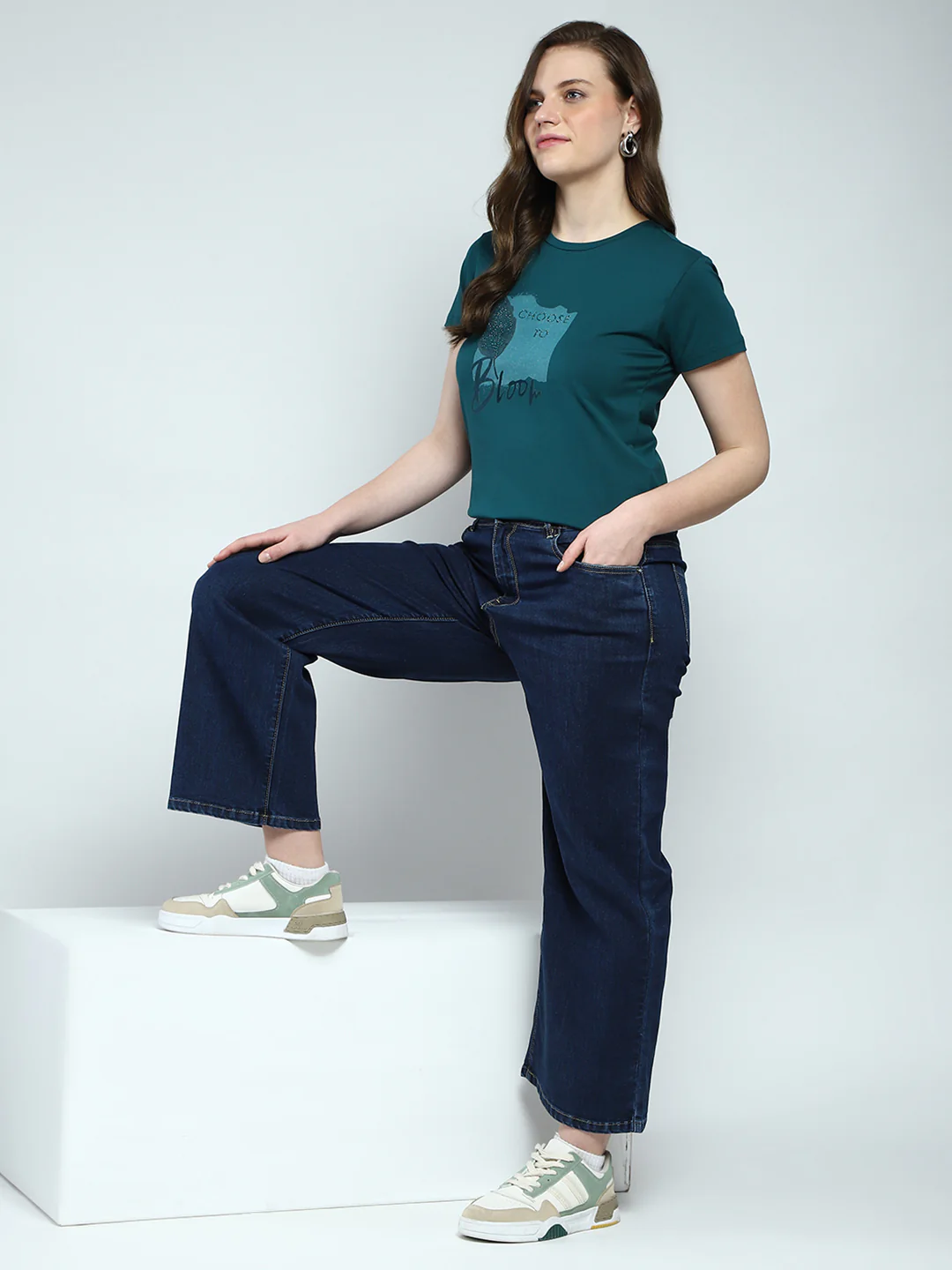 Women Green Printed Round Neck Half Sleeve Top - Image 2