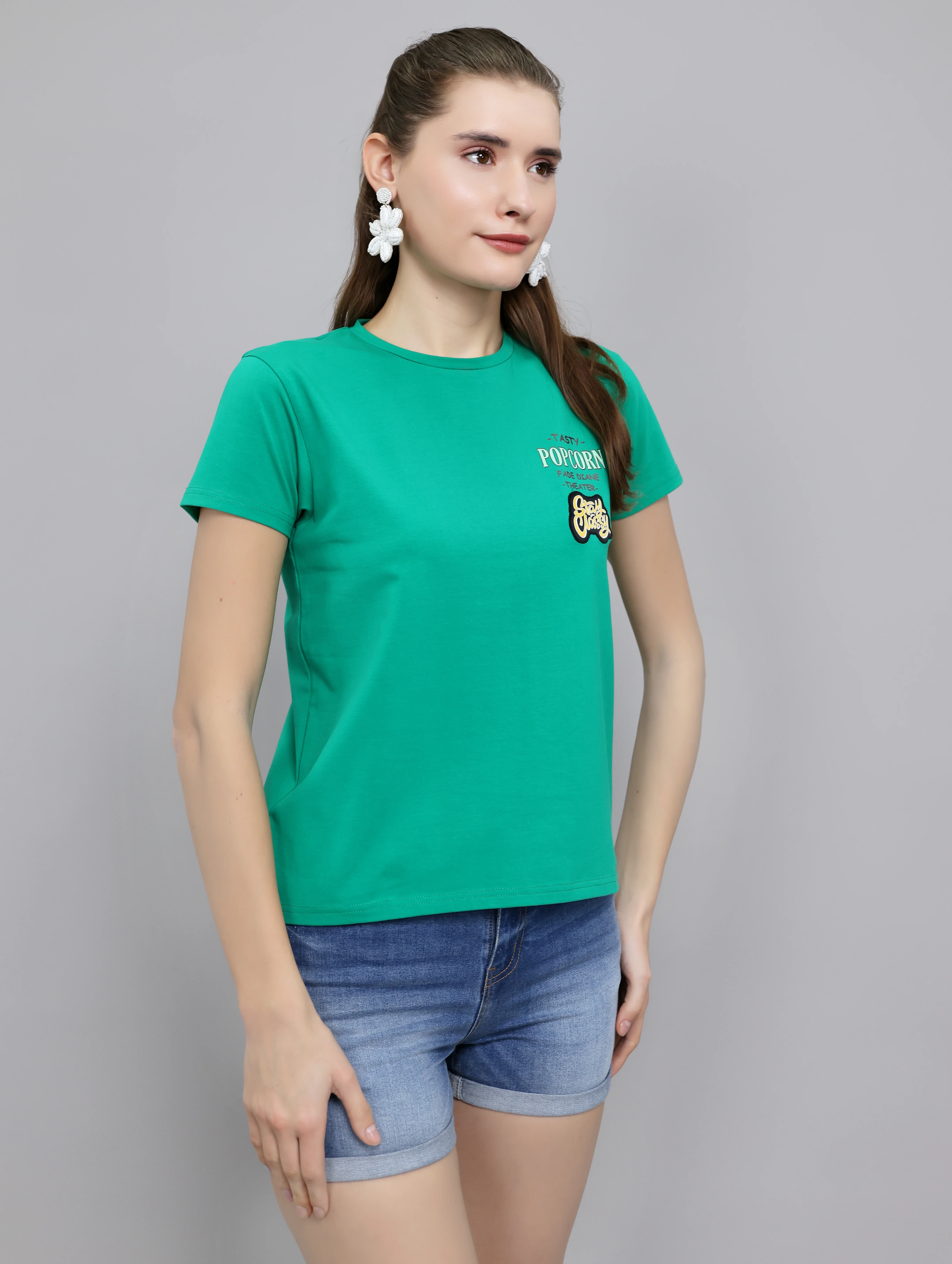 Women Green Printed Round Neck Half Sleeve Top - Image 2