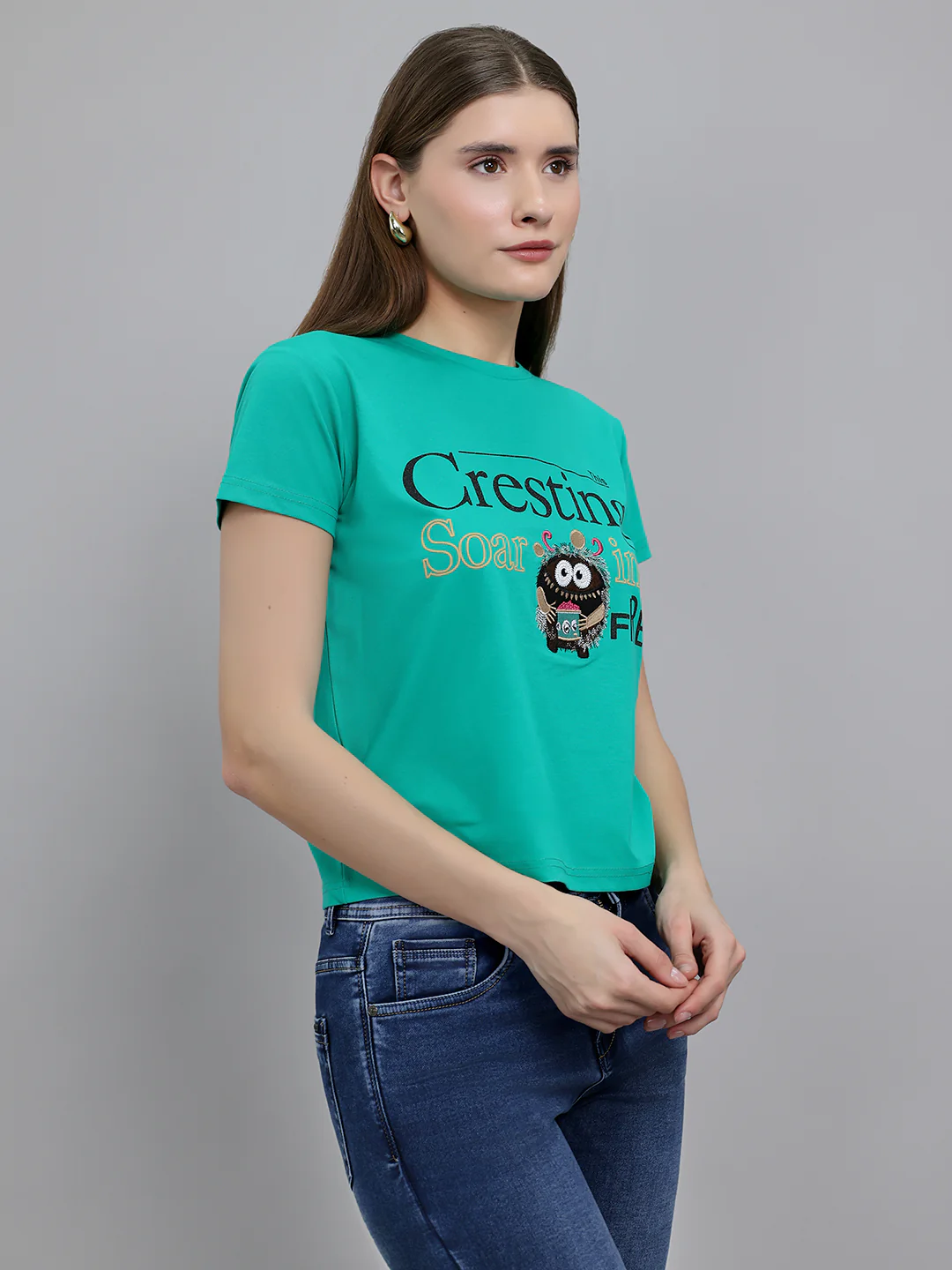 Women Green Printed Round Neck Half Sleeve Top - Image 3
