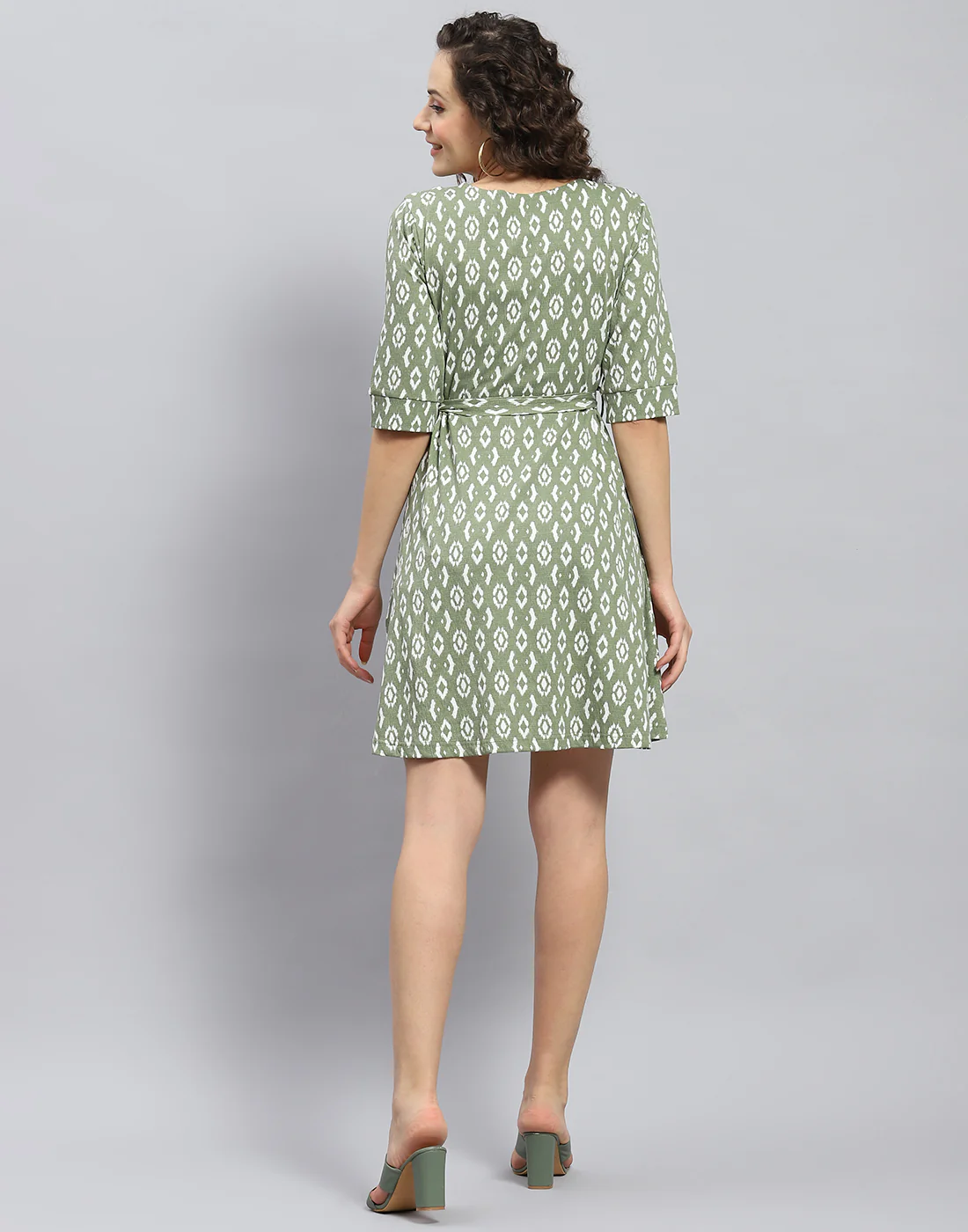 Women Green Printed Round Neck Short Sleeve Dress - Image 5